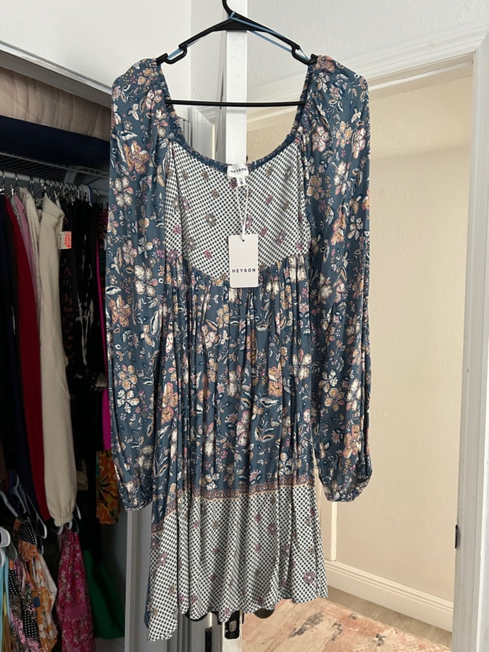 NWT SIZS SM Heyson Floral Boho Long Sleeve Mini Dress in Teal